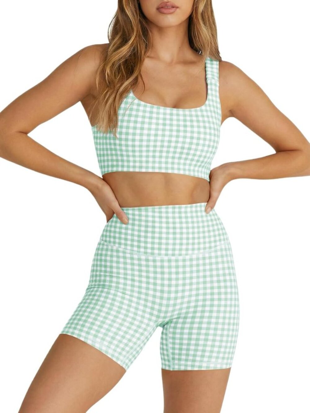 Trendy Women's Gingham 2-Piece Workout Set | Padded Crop Tank & Shorts Outfit
